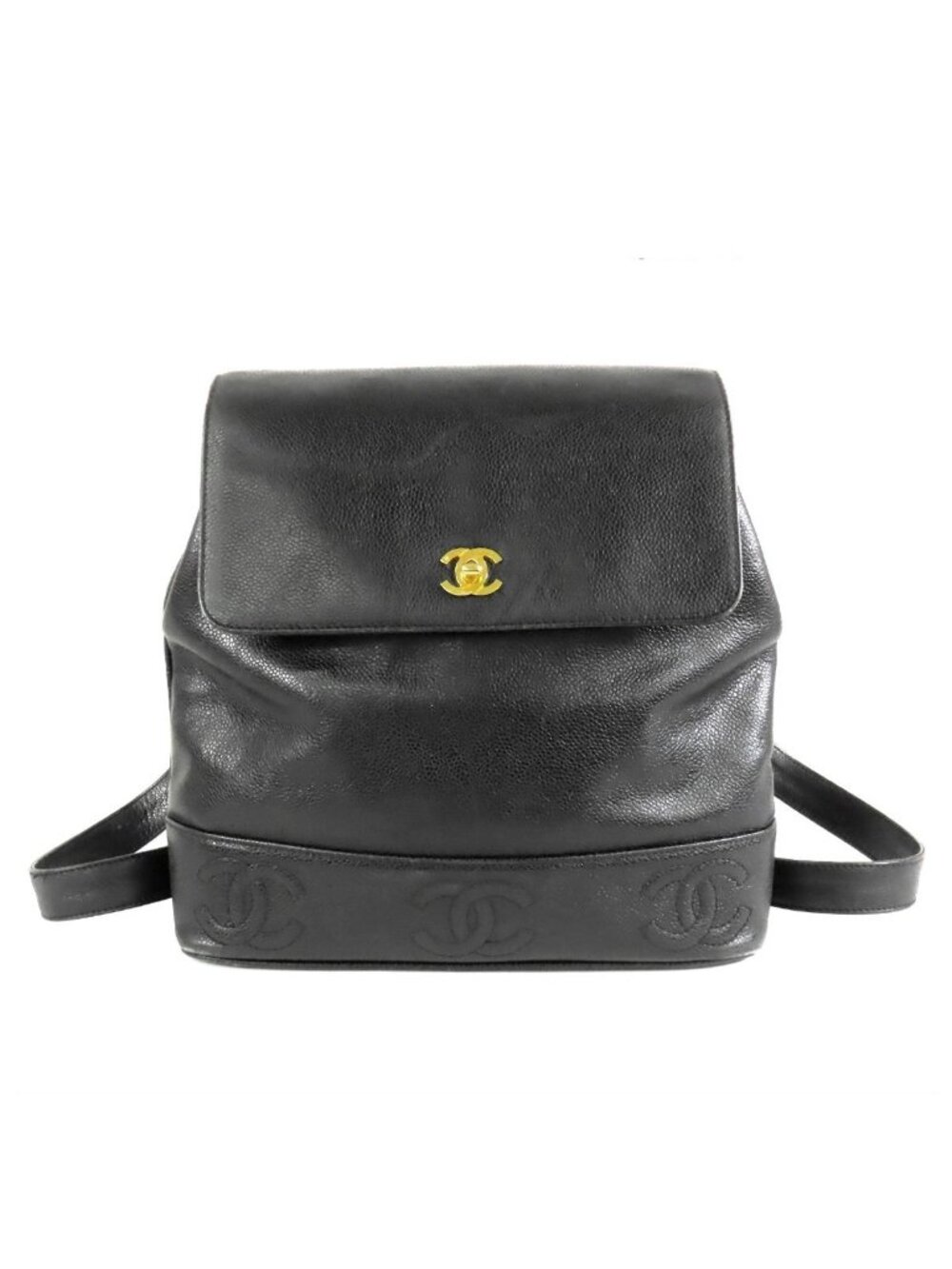 Chanel Triple Coco Black Gold Caviar Leather Backpack